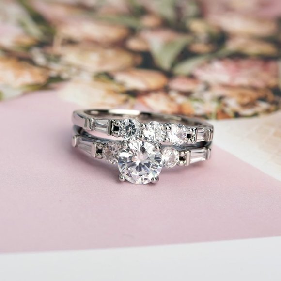 Engagement/Wedding Bright CZ 925 Silver Plated Ring Set for Women, VIP034 - Picture 1 of 6
